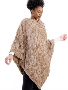 J C SUNNY Faux Fur Sequin Poncho in Brown